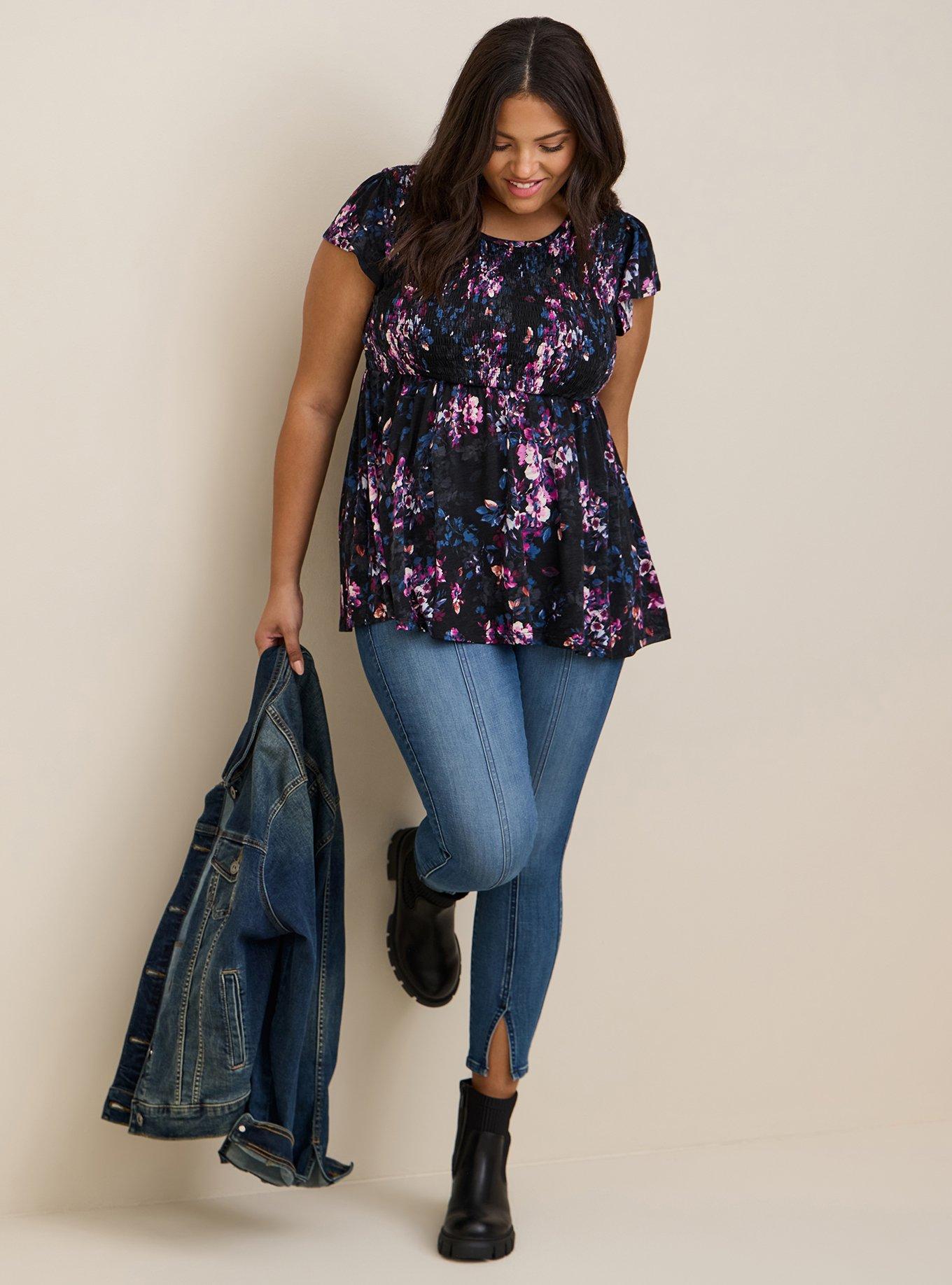 Plus Size Babydoll Crew Neck Smocked Bodice Top, BLACK FLORAL, alternate