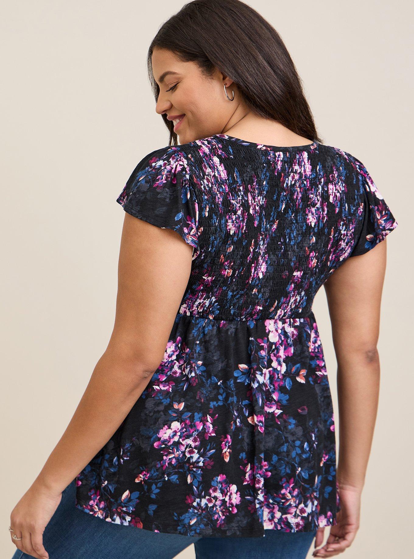 Plus Size Babydoll Crew Neck Smocked Bodice Top, BLACK FLORAL, alternate