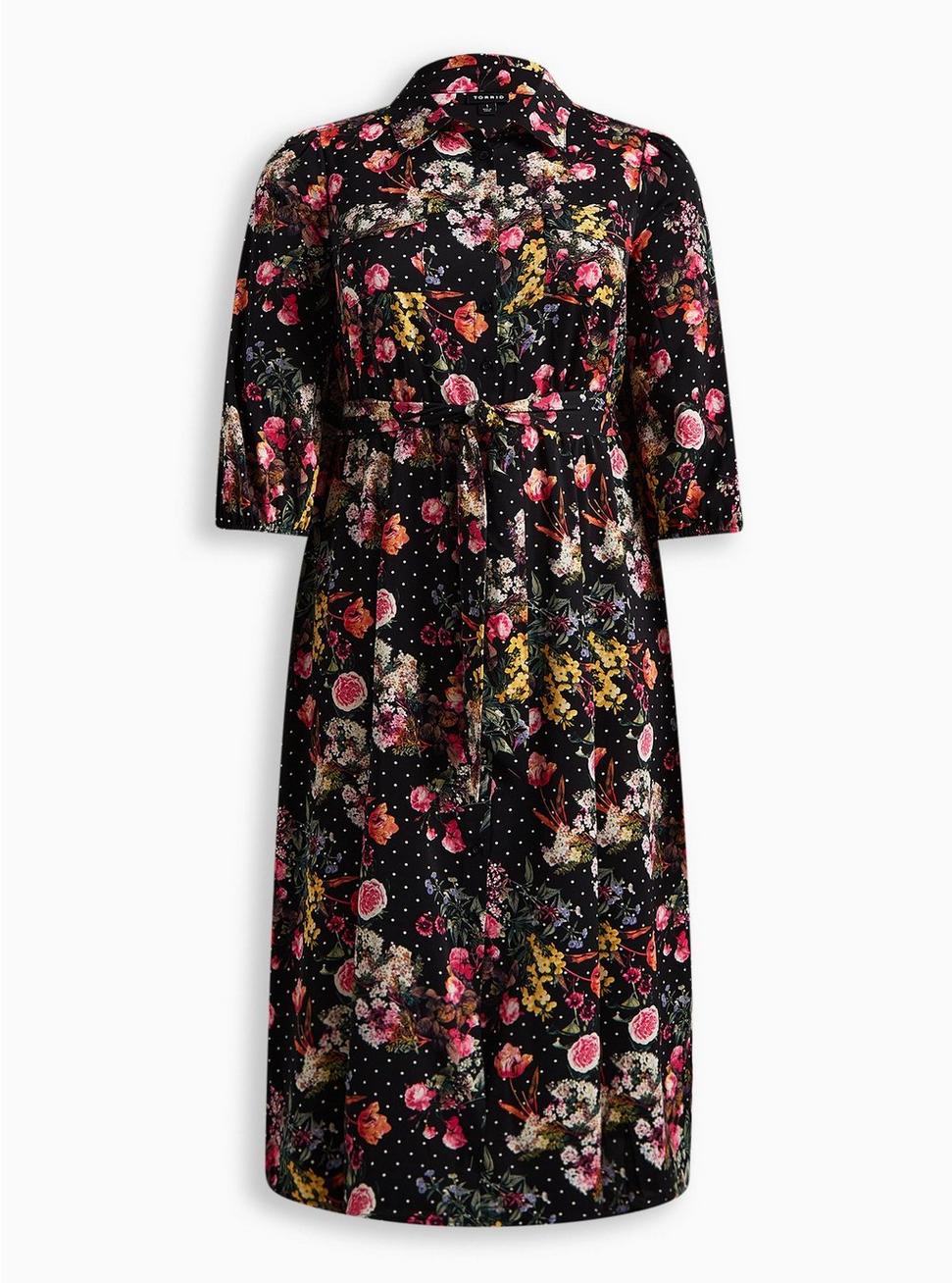 Tea Length Studio Refined Woven Shirt Dress, TRANCE FLORAL BLACK, hi-res