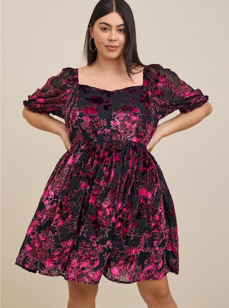 Mini Burnout Velvet Babydoll Dress, ROSE BLACK FLORAL, alternate