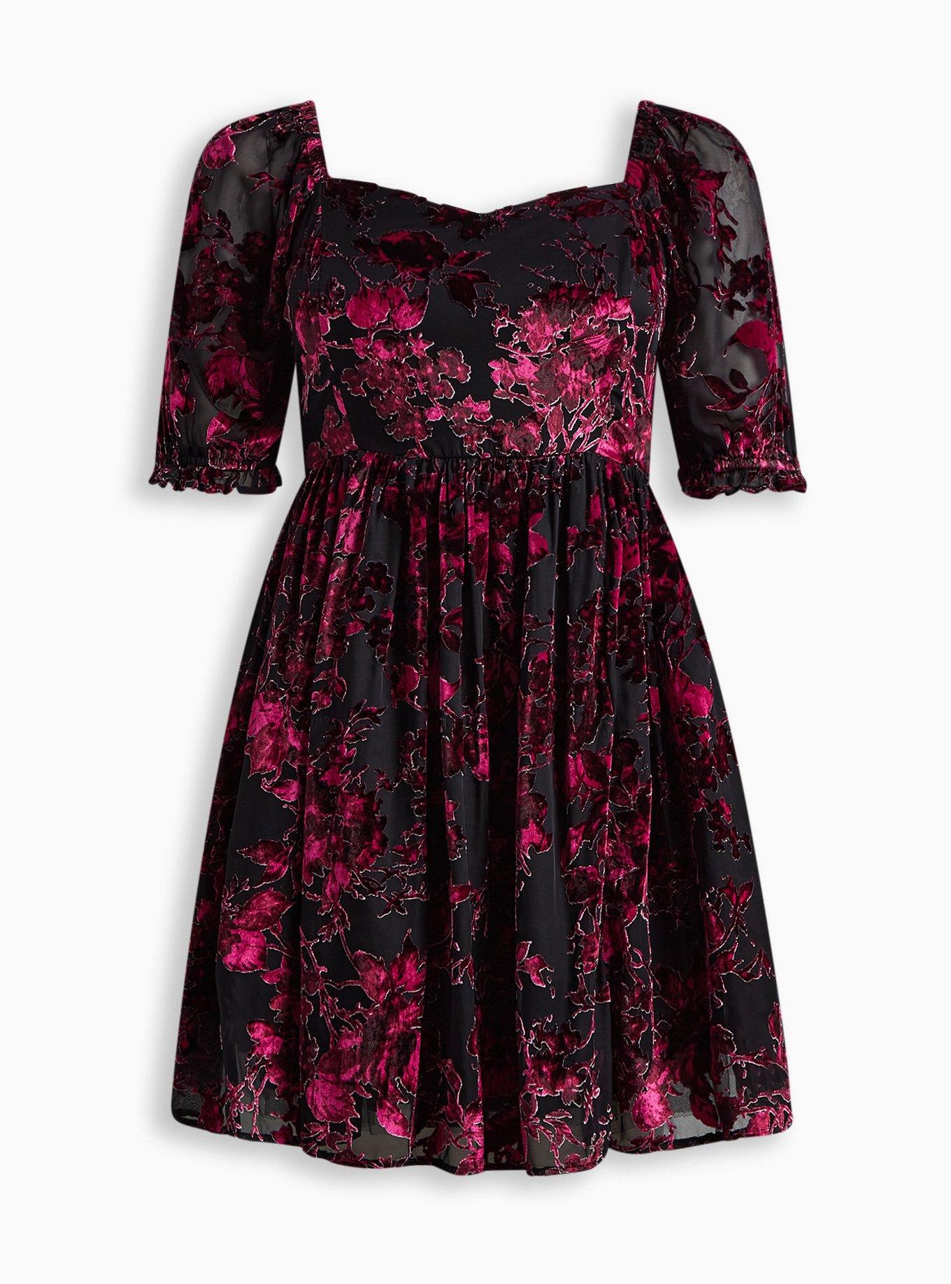 Torrid Women's Black Floral Velvet Babydoll Swingy Dress Christmas Size 1  NWT