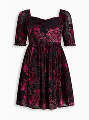 Mini Burnout Velvet Babydoll Dress, ROSE BLACK FLORAL, hi-res