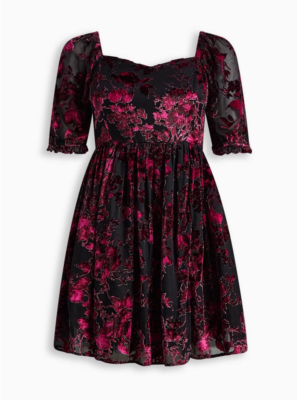 Mini Burnout Velvet Babydoll Dress, ROSE BLACK FLORAL, hi-res