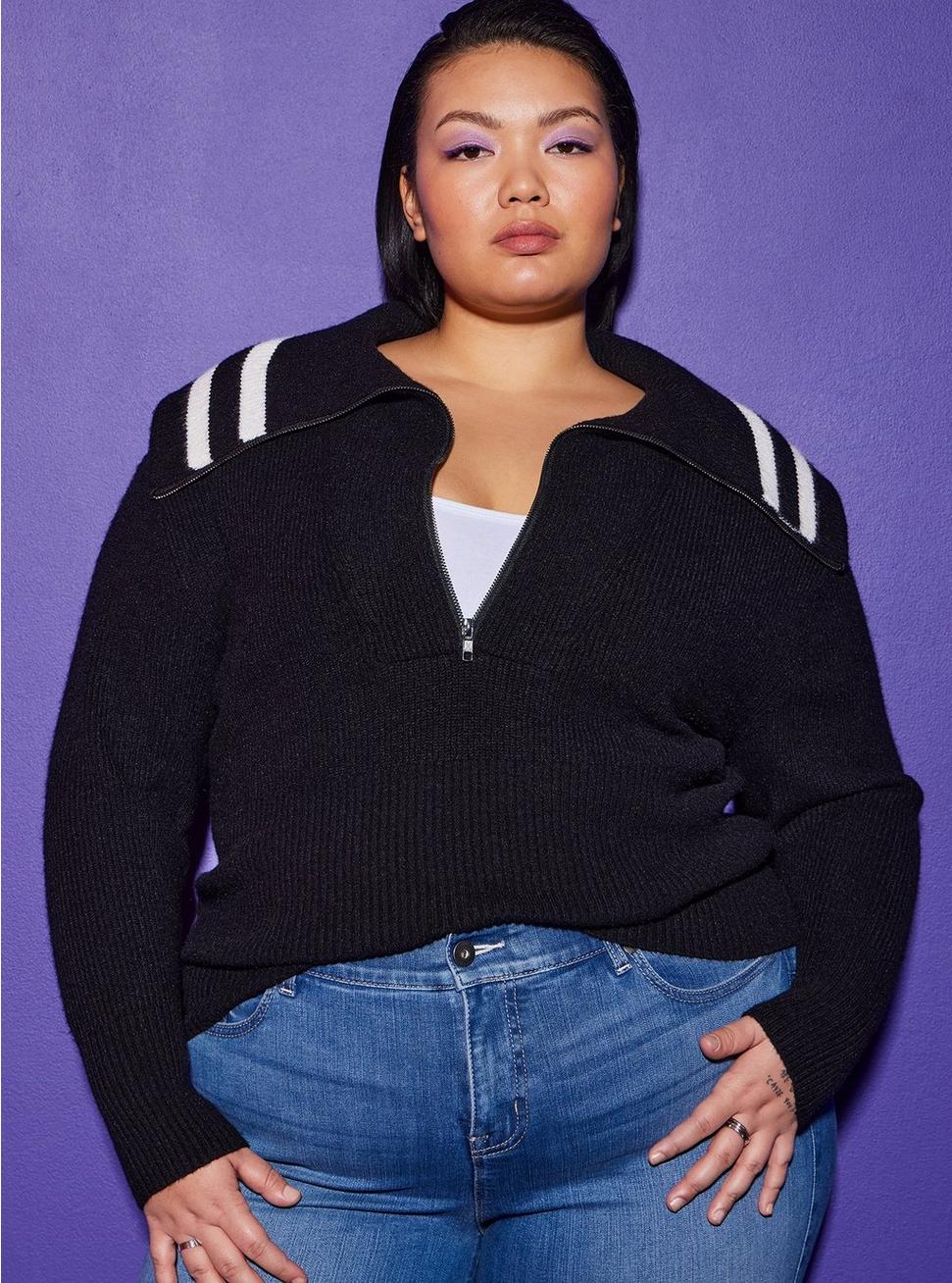 Lovesick Shaker Stitch Zip Front Pullover Sweater, BLACK, hi-res