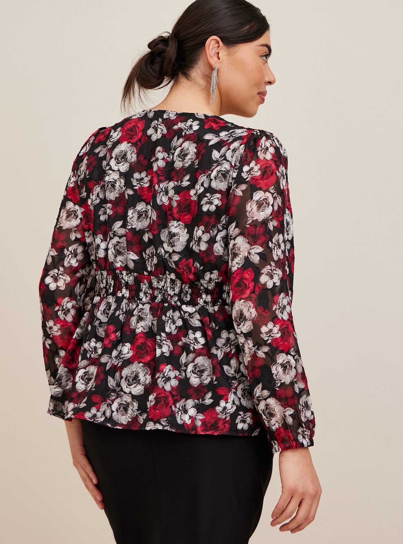 Peplum Chiffon Clip Floral Blouson Sleeve Top