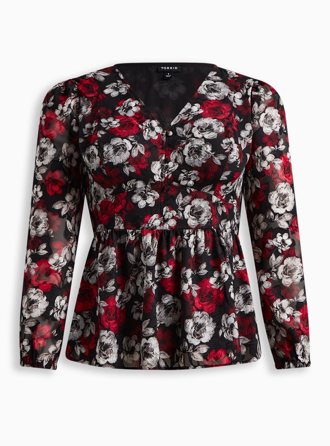 Peplum Chiffon Clip Floral Blouson Sleeve Top