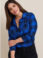 Brushed Rayon Acrylic Laced Button-Up Tunic Shirt, PLAID - BLUE, hi-res