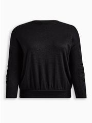 Sparkle Knit Drop Shoulder Shirred Sleeve Top., DEEP BLACK, hi-res
