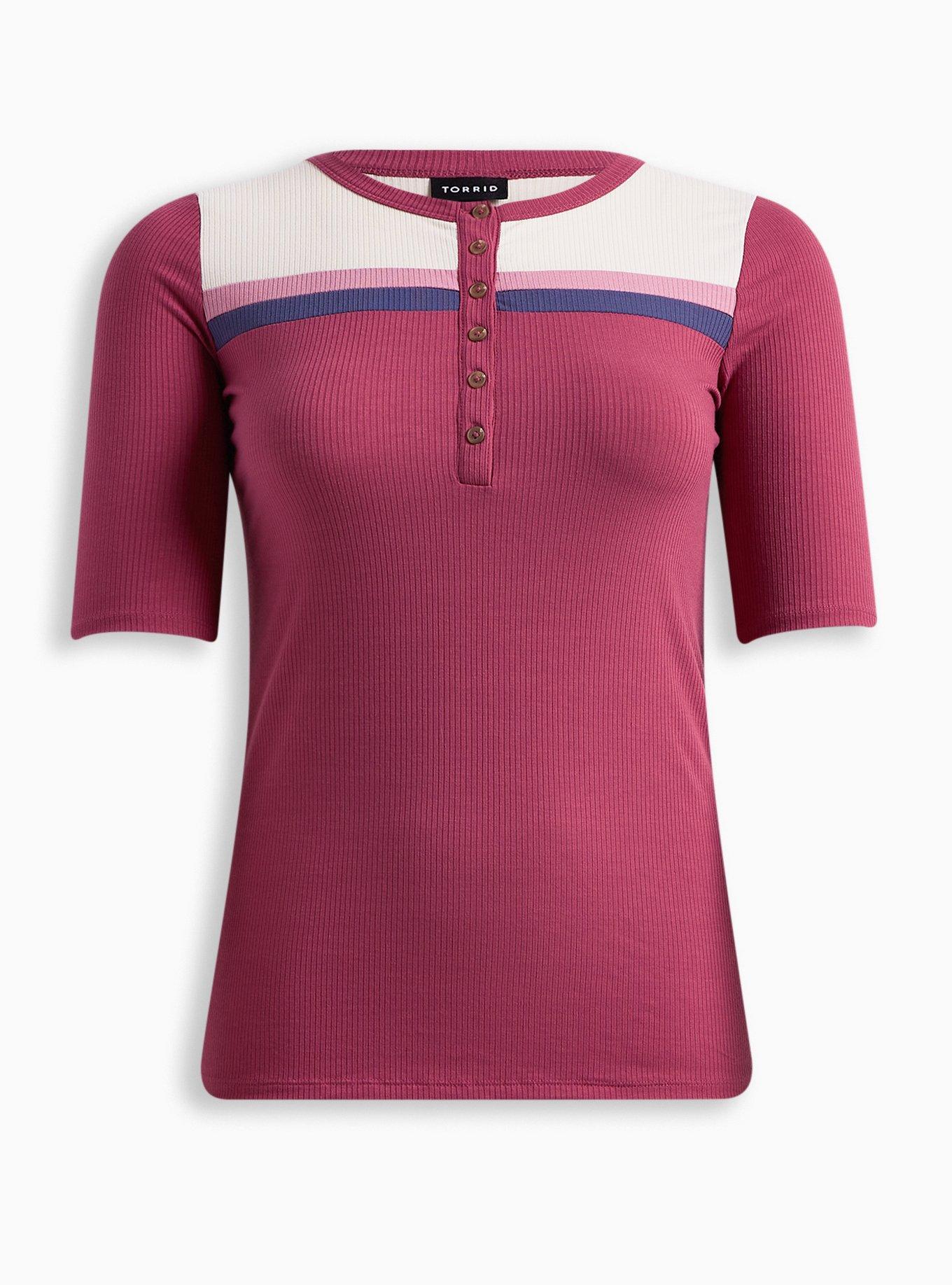 Super Soft Rib Color Block Henley Short Elbow Sleeve Tee