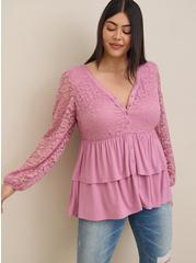 Babydoll Lace Super Soft Mix Tiered Button-Down Top, MAUVE, alternate