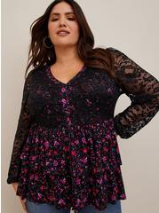 Babydoll Lace Super Soft Mix Tiered Button-Down Top, BLACK FLORAL, alternate