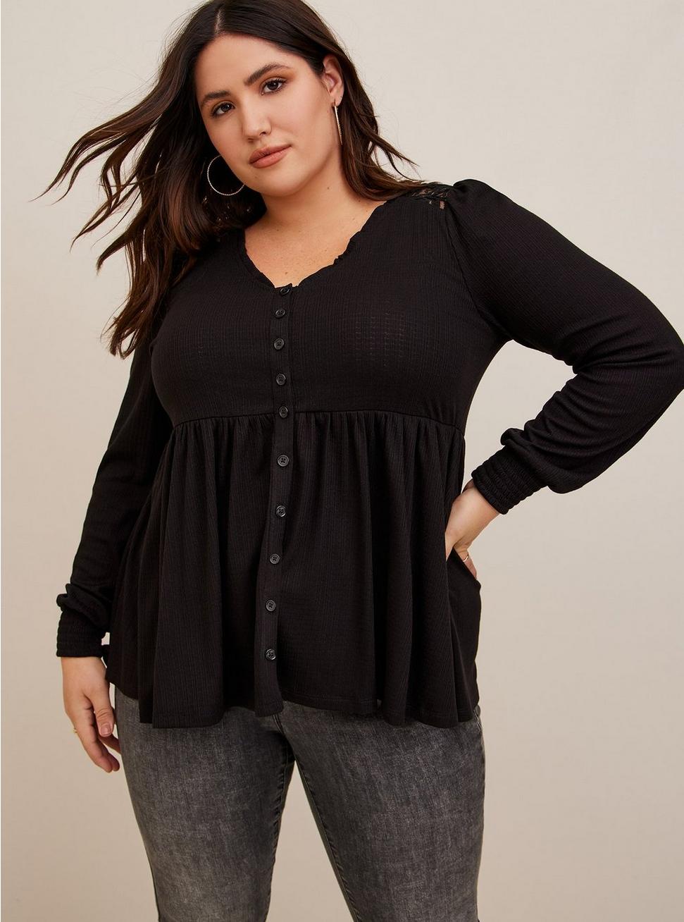 Plus Size Babydoll Knit V-Neck Button-Front Lace Inset Peasant Sleeve Top, BLACK, alternate