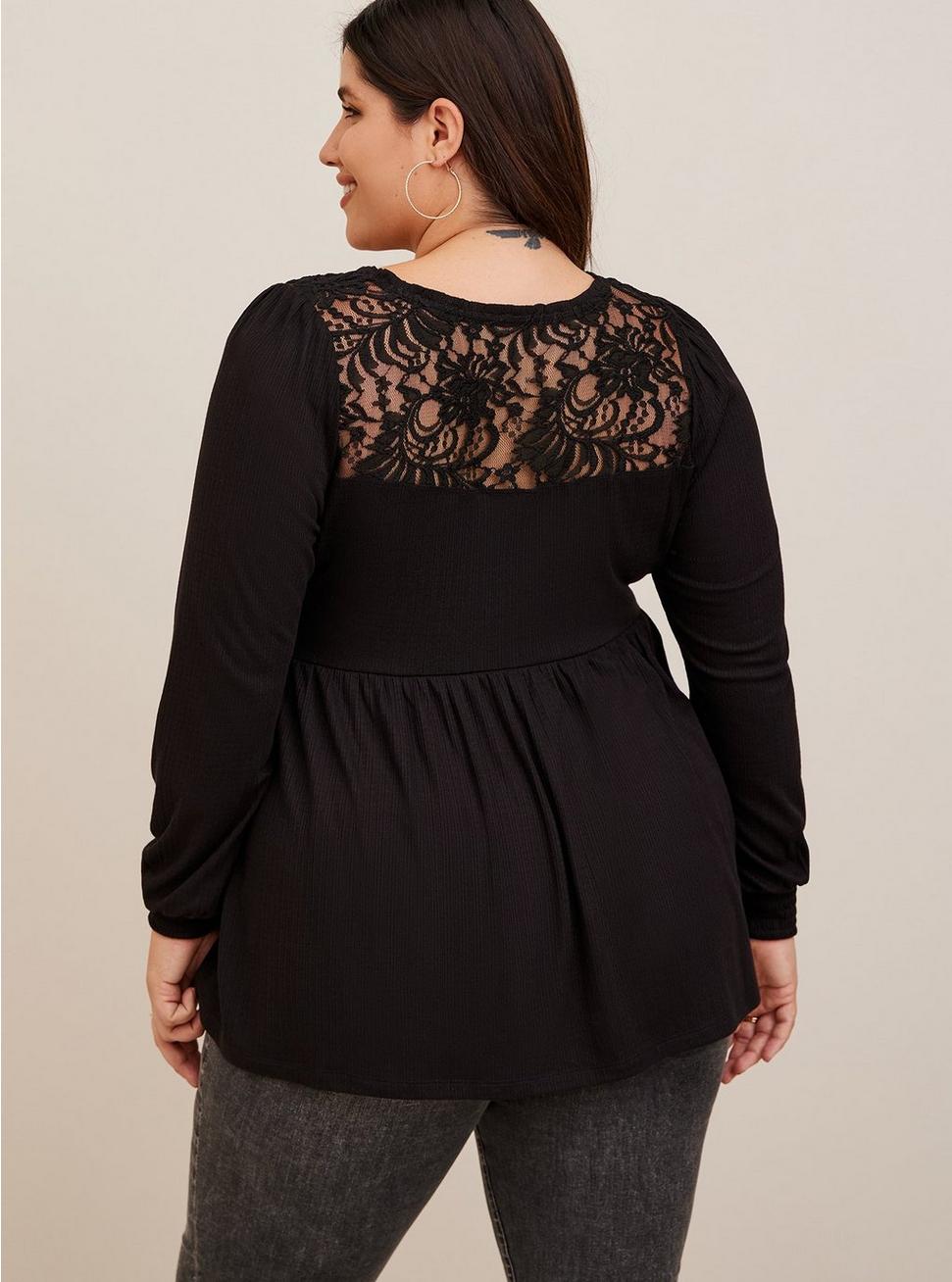 Plus Size Babydoll Knit V-Neck Button-Front Lace Inset Peasant Sleeve Top, BLACK, alternate