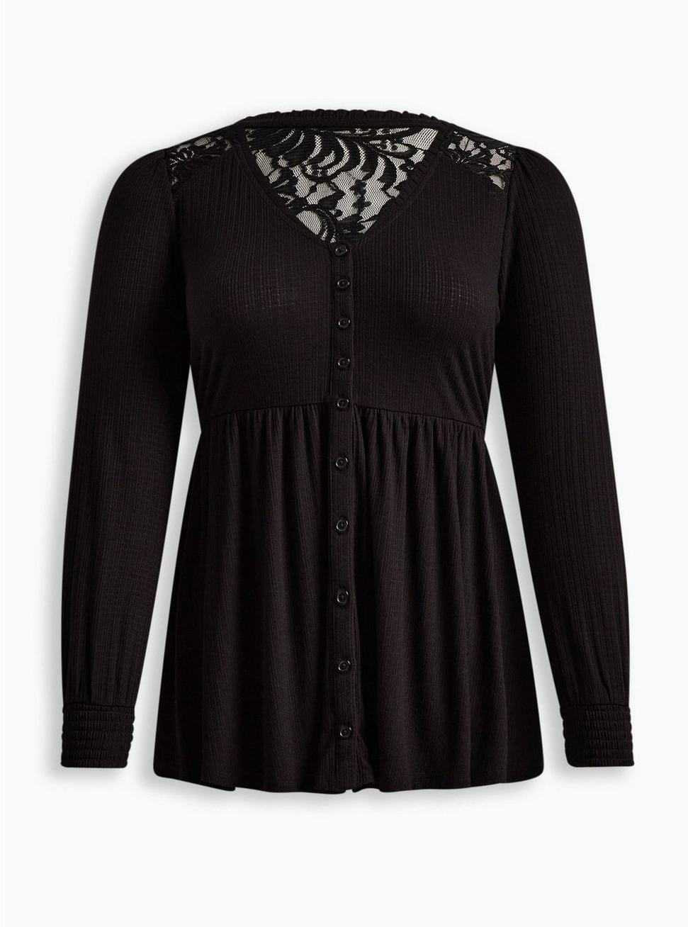Plus Size Babydoll Knit V-Neck Button-Front Lace Inset Peasant Sleeve Top, BLACK, hi-res
