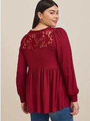 Babydoll Knit V-Neck Button-Front Lace Inset Peasant Sleeve Top, RHUBARB, alternate