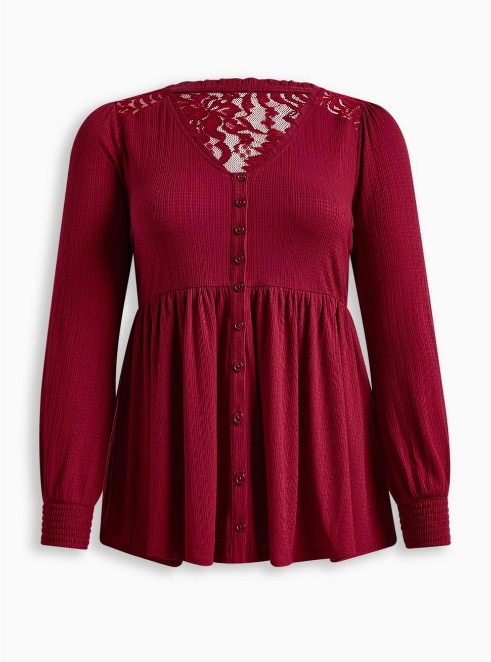 Babydoll Knit V-Neck Button-Front Lace Inset Peasant Sleeve Top, RHUBARB, hi-res