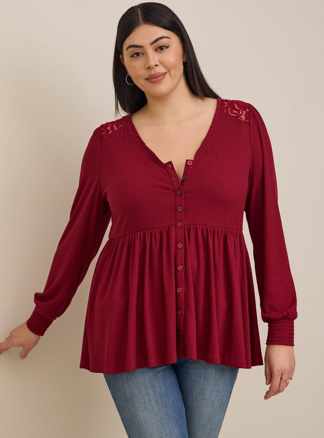 Babydoll Knit V-Neck Button-Front Lace Inset Peasant Sleeve Top, RHUBARB, hi-res