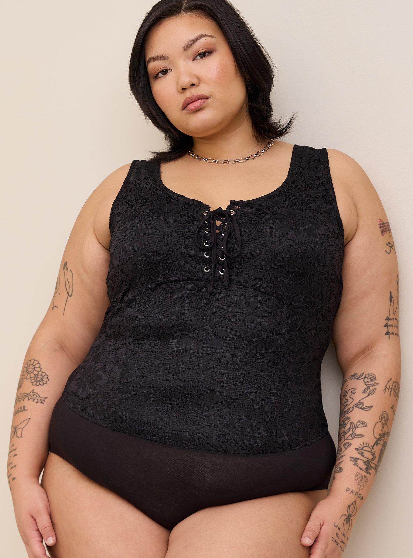 Lace Corset Seamed Lace-Up Bodysuit, DEEP BLACK, alternate