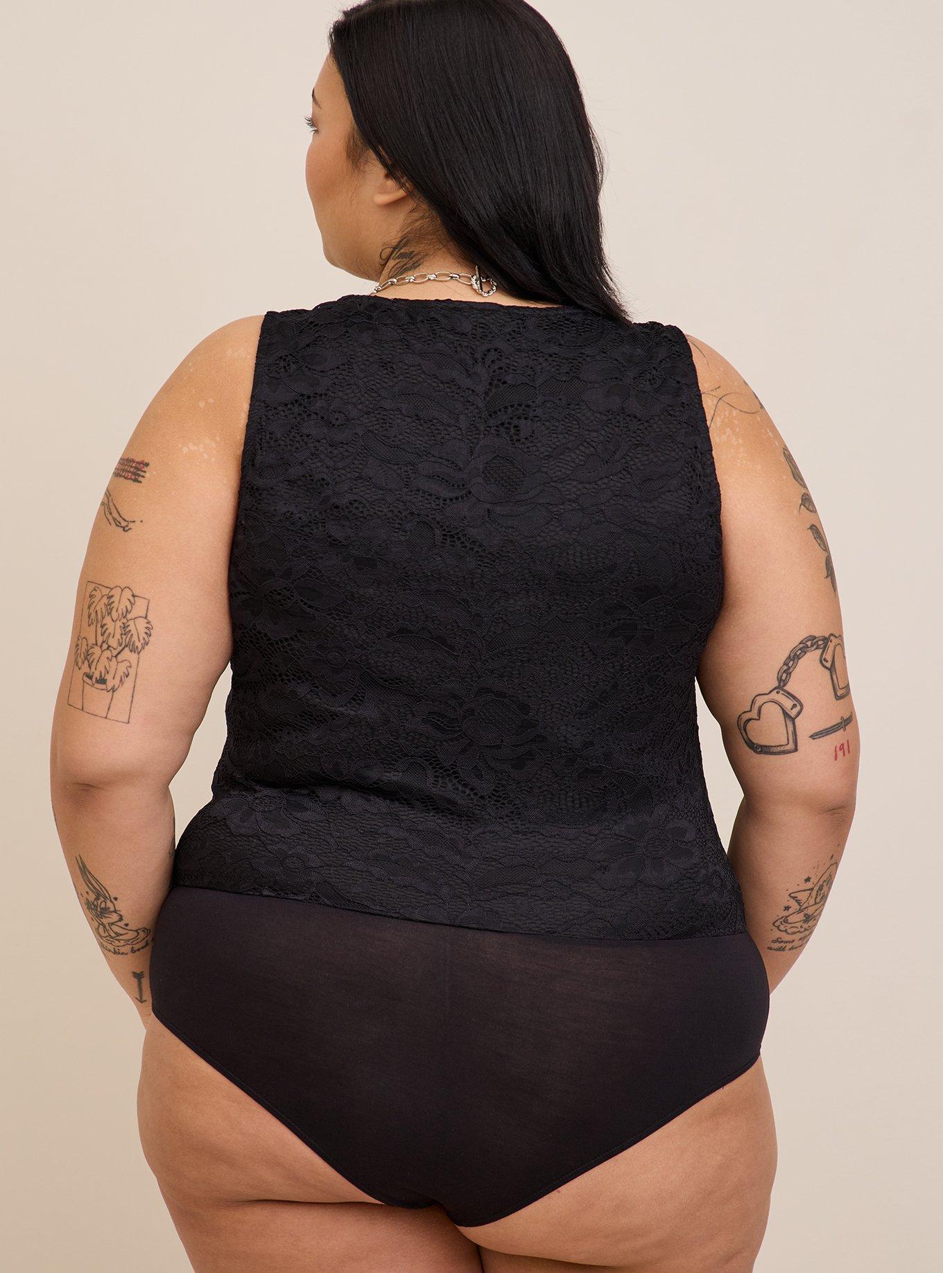 Lace Corset Seamed Lace-Up Bodysuit, DEEP BLACK, alternate