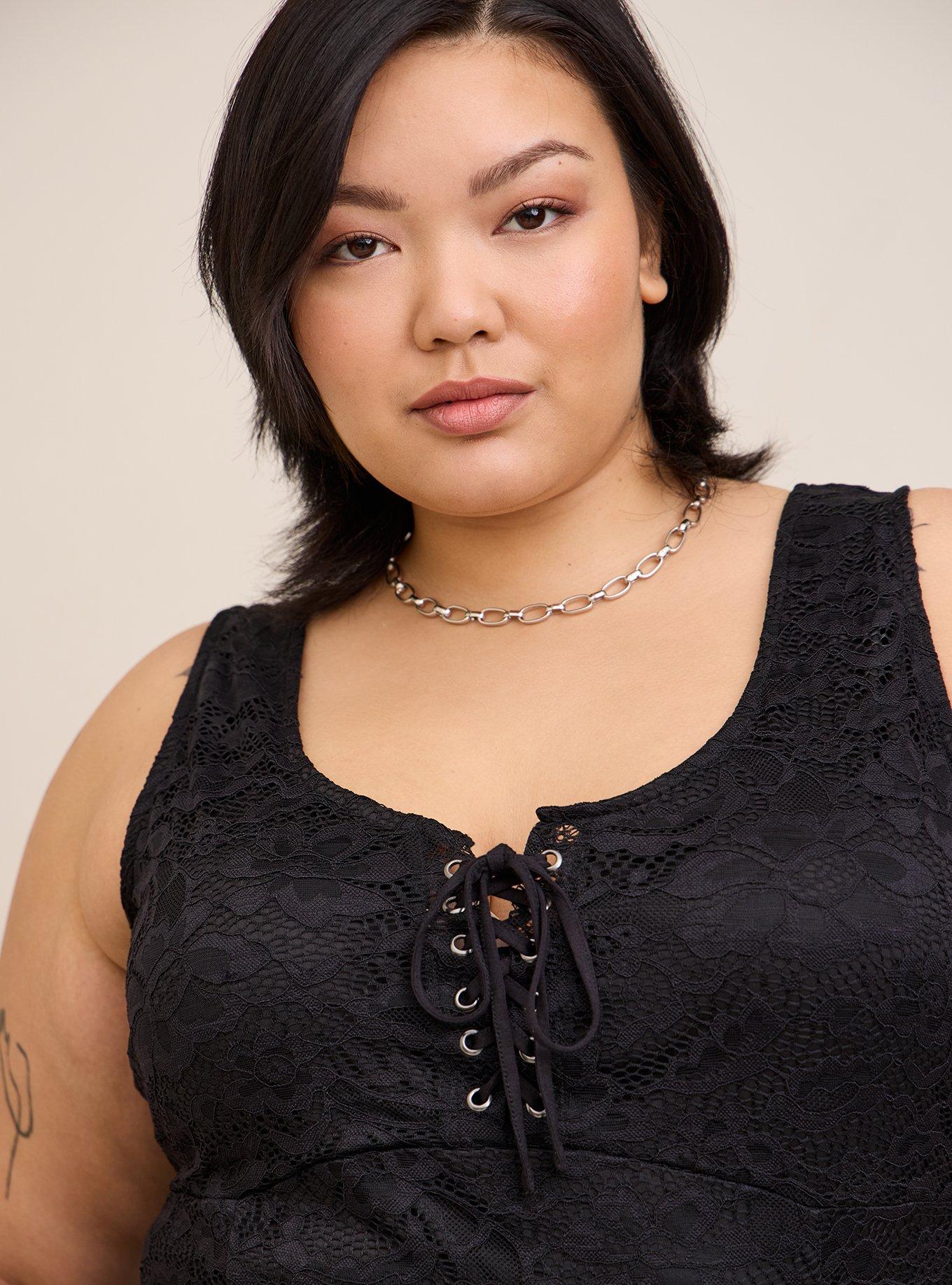 Lace Corset Seamed Lace-Up Bodysuit, DEEP BLACK, alternate