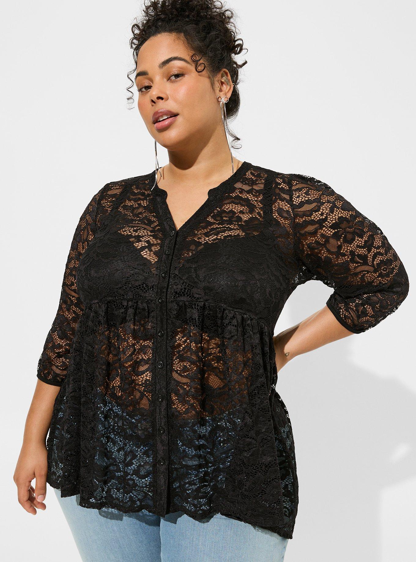 Plus Size - Babydoll Sheer Lace Button Down Tunic Top - Torrid