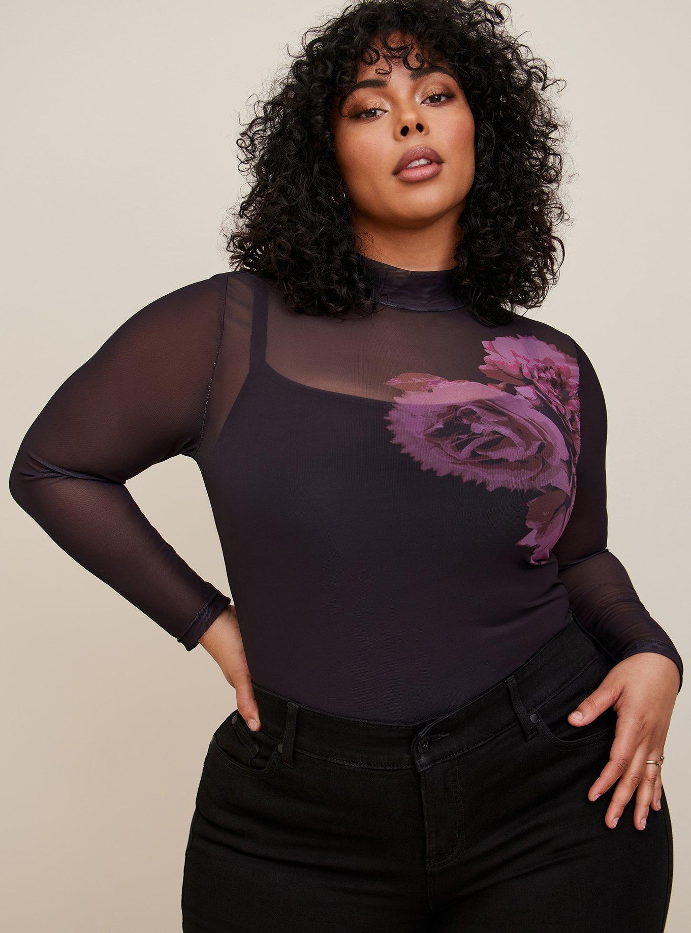 Plus Size - Floral Classic Fit Mesh Turtleneck Long Sleeve Tee - Torrid