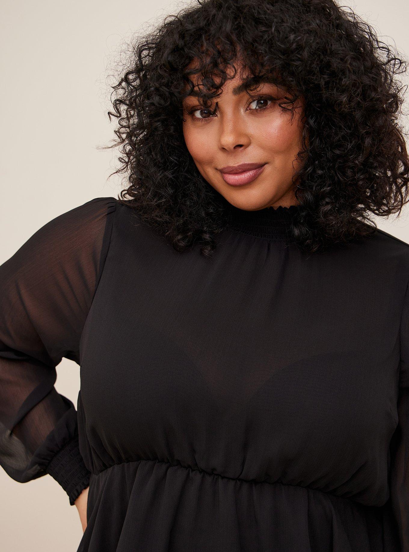 Plus Size Crinkle Chiffon Smock Neck Ruffle Tiered Top, DEEP BLACK, alternate