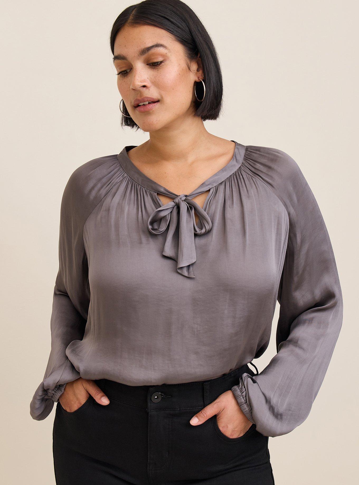 Satin Tie-Front Peasant Blouse