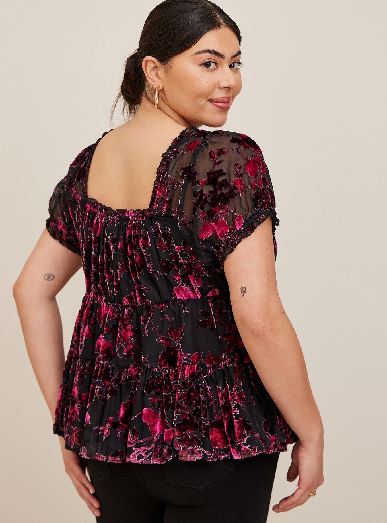 Plus Size - Babydoll Velvet Burnout Short Sleeve Top - Torrid