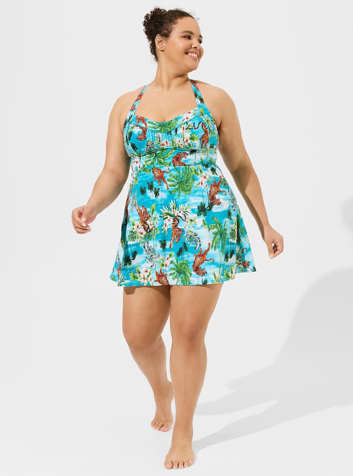 Plus Size - Retro Wireless Ruched Cup Swim Dress - Long Length