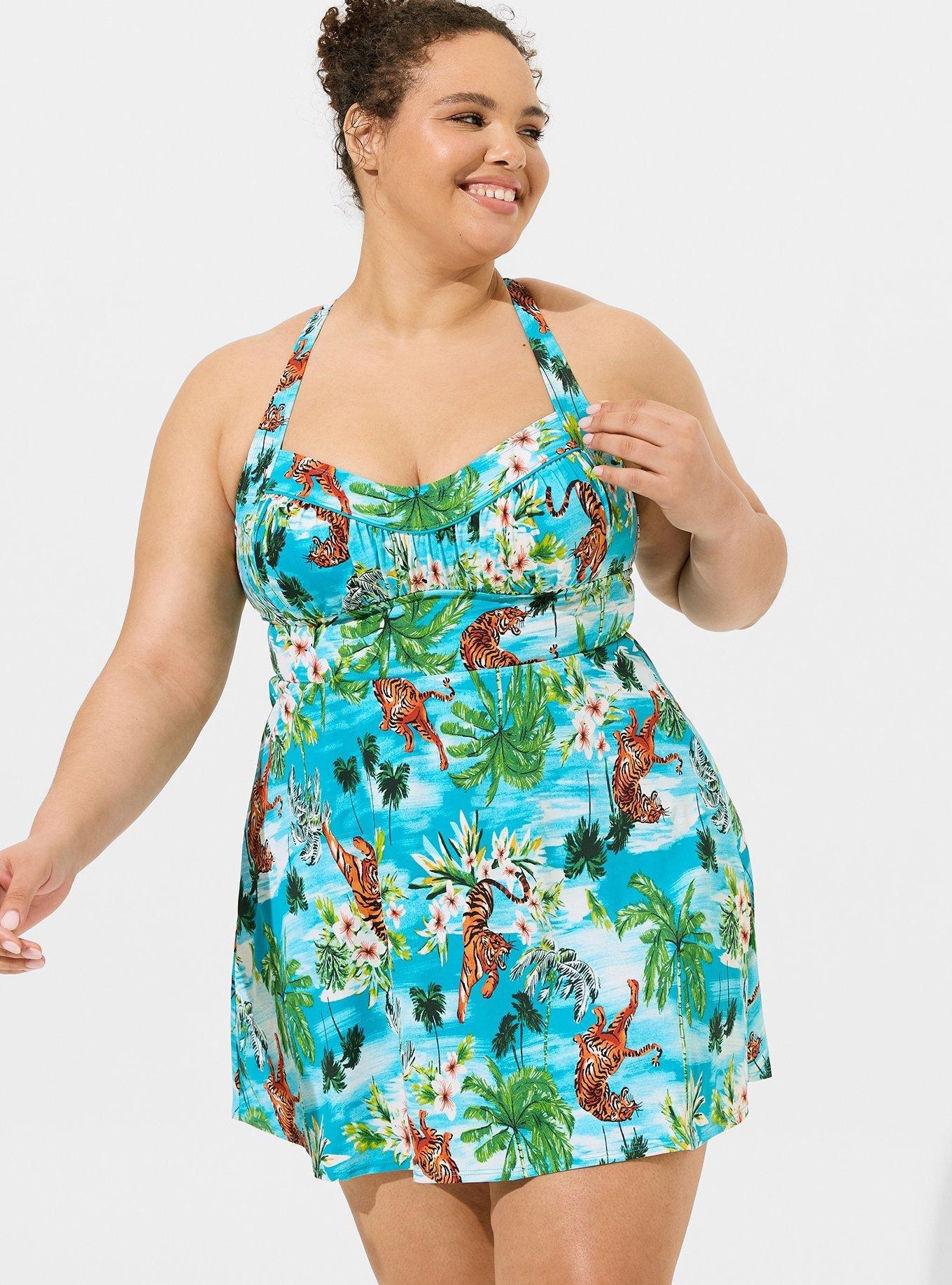 Plus Size - Retro Wireless Ruched Cup Swim Dress - Long Length