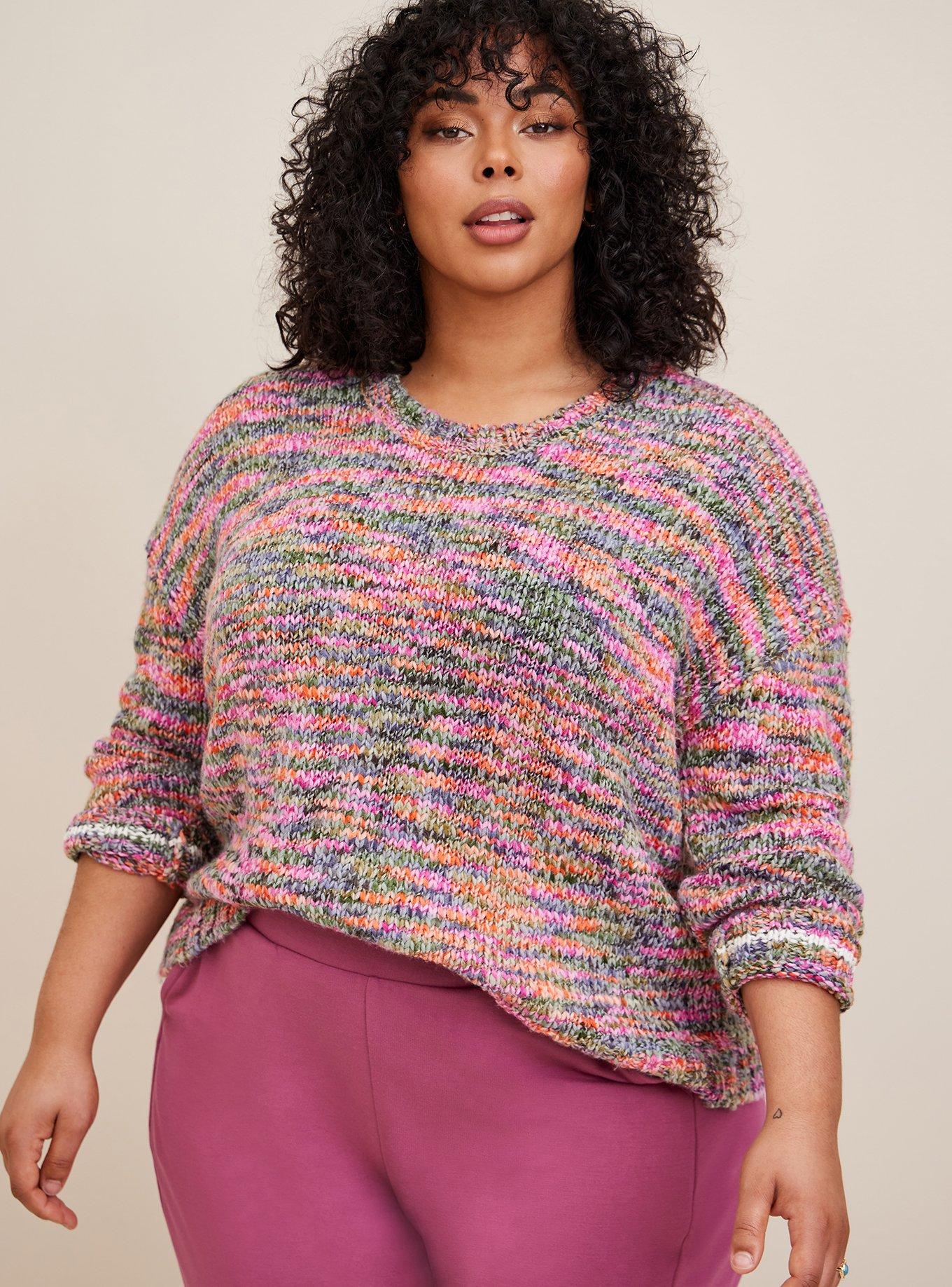 Plus Size Spacedye Pullover Drop Shoulder Crop Sweater , MULTI, alternate