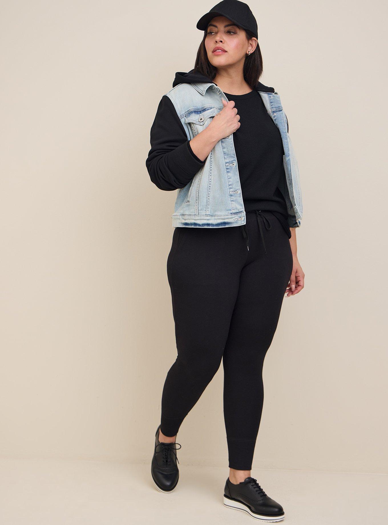 Denim Knit Sleeve Hooded Trucker Jacket, LIGHT WASH, alternate