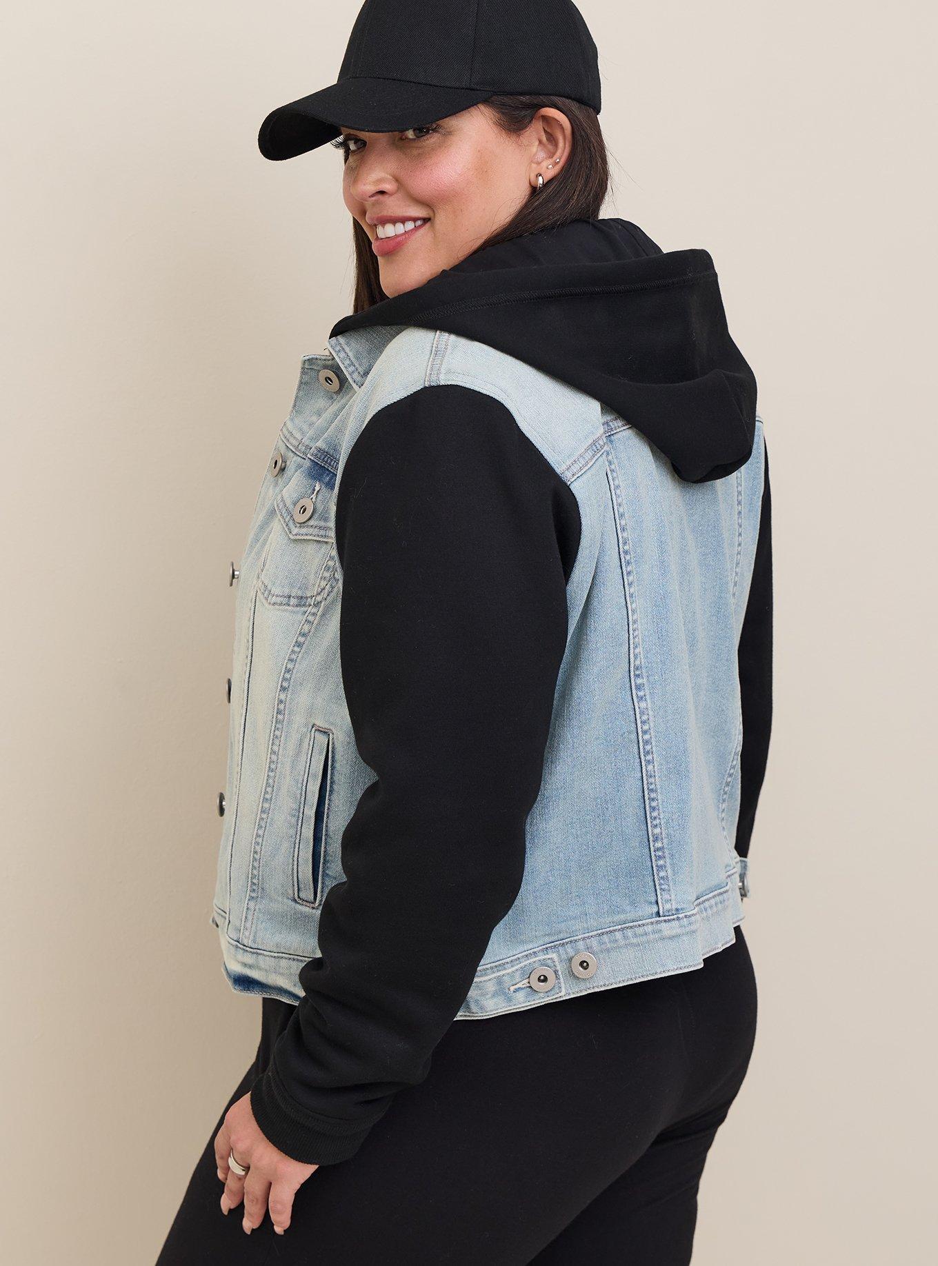 Plus Size - Denim Knit Sleeve Hooded Trucker Jacket - Torrid