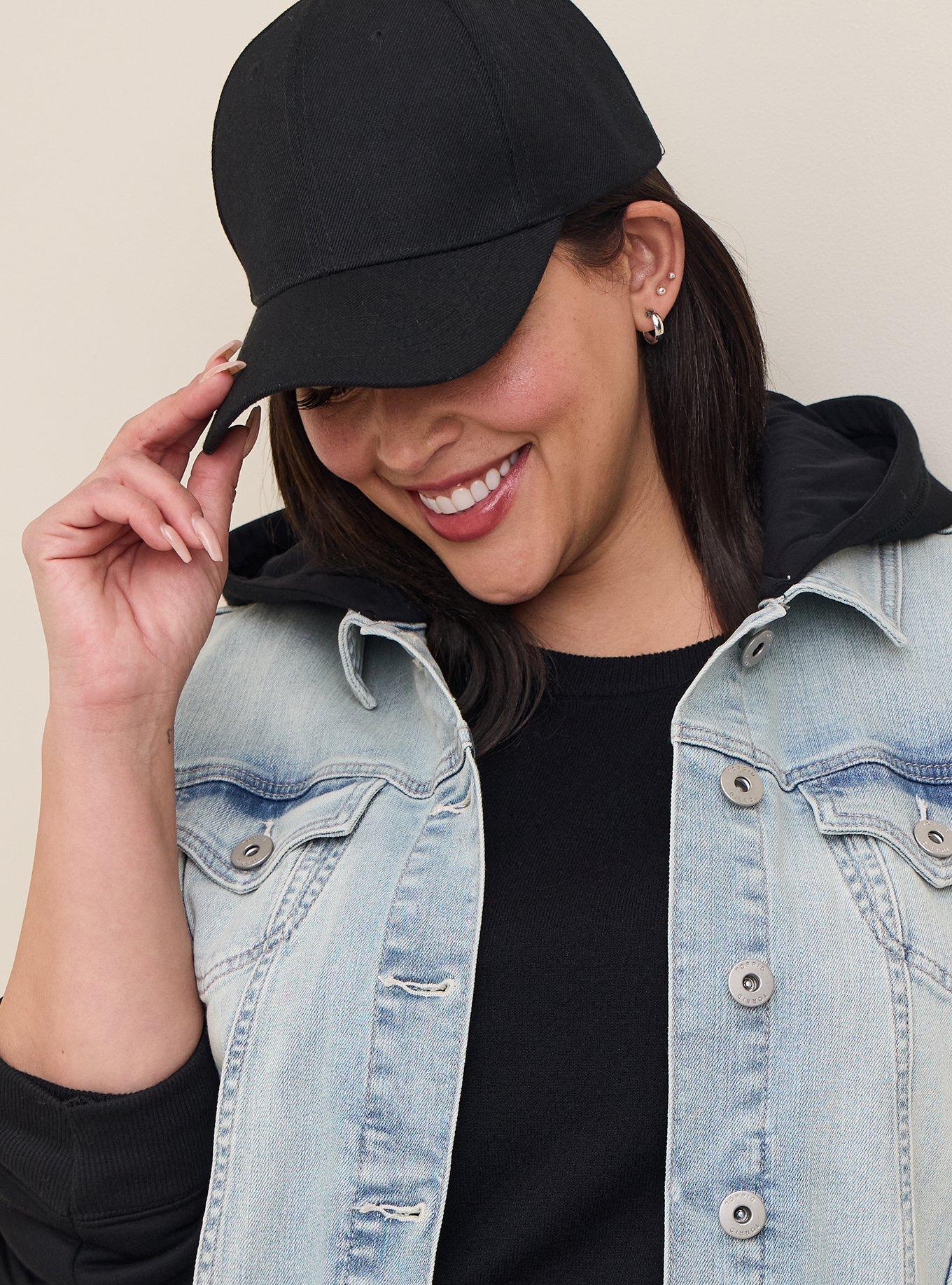 Denim Knit Sleeve Hooded Trucker Jacket, LIGHT WASH, alternate