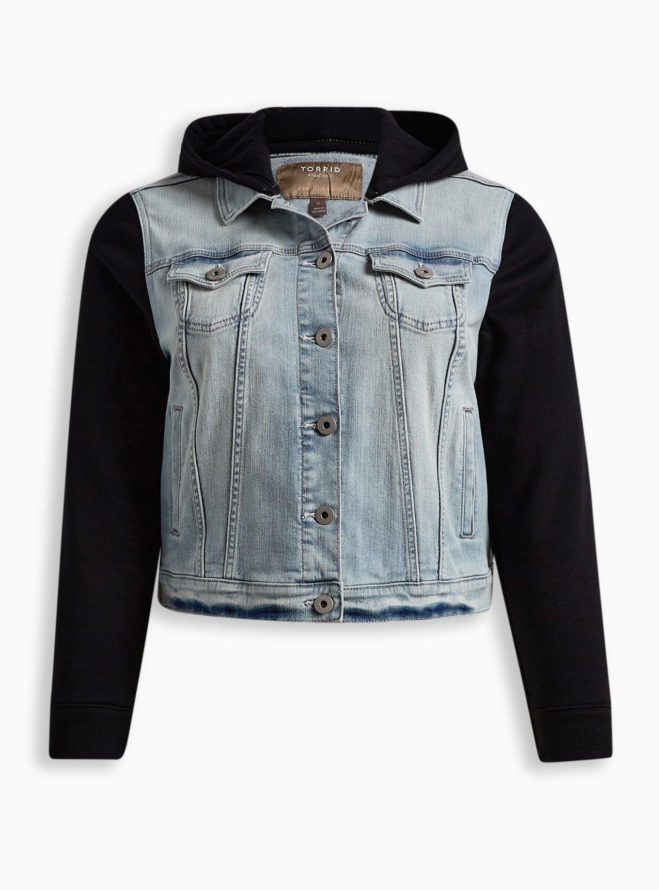 Denim jacket with knit sleeves store and hood