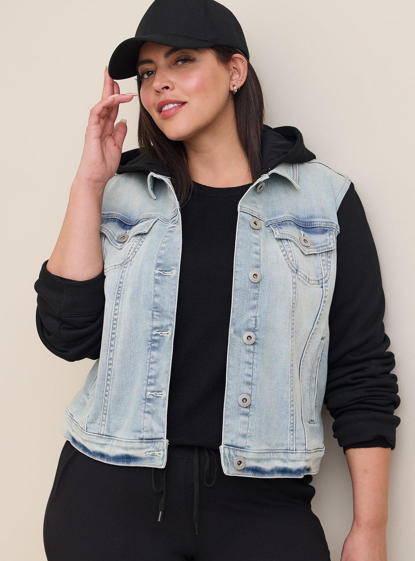 Plus size jean shop jacket with sweatshirt sleeves