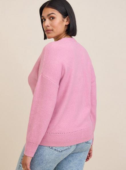 Vegan Cashmere Cardigan V-Neck Drop Shoulder Sweater, PINK, alternate