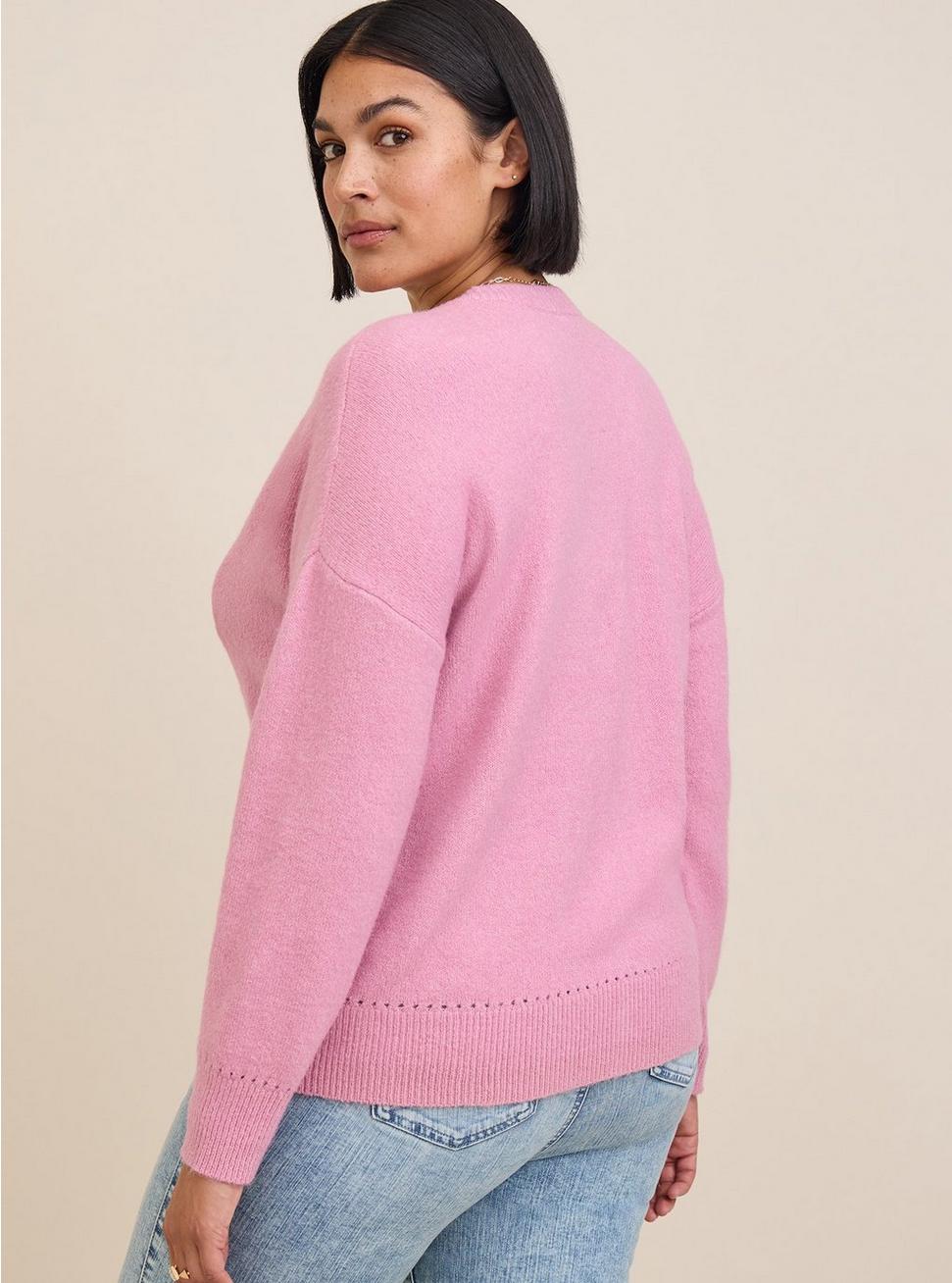 Vegan Cashmere Cardigan V-Neck Drop Shoulder Sweater, PINK, alternate