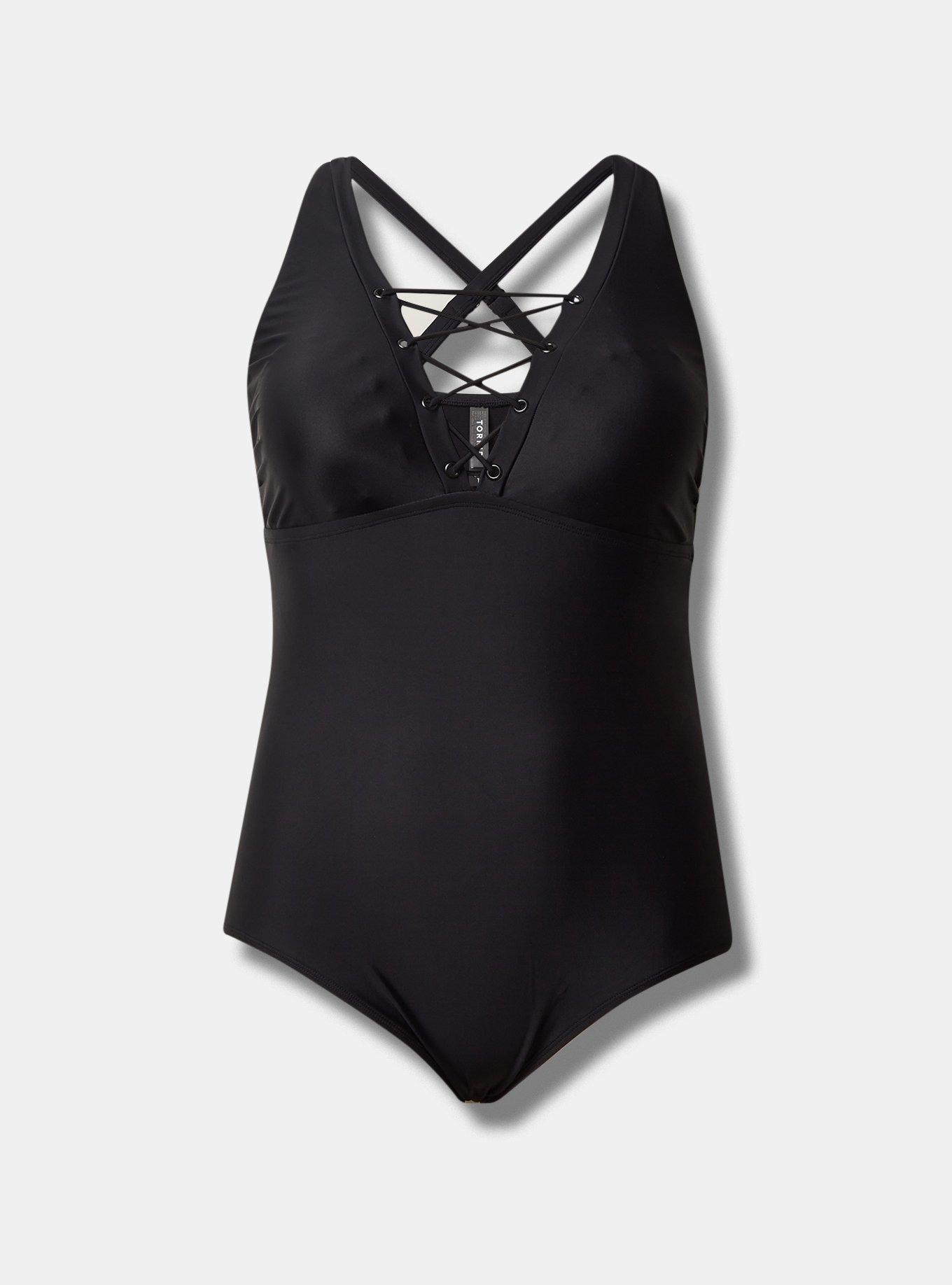 Wireless Grommet Lace Up One Piece Swimsuit, DEEP BLACK, hi-res