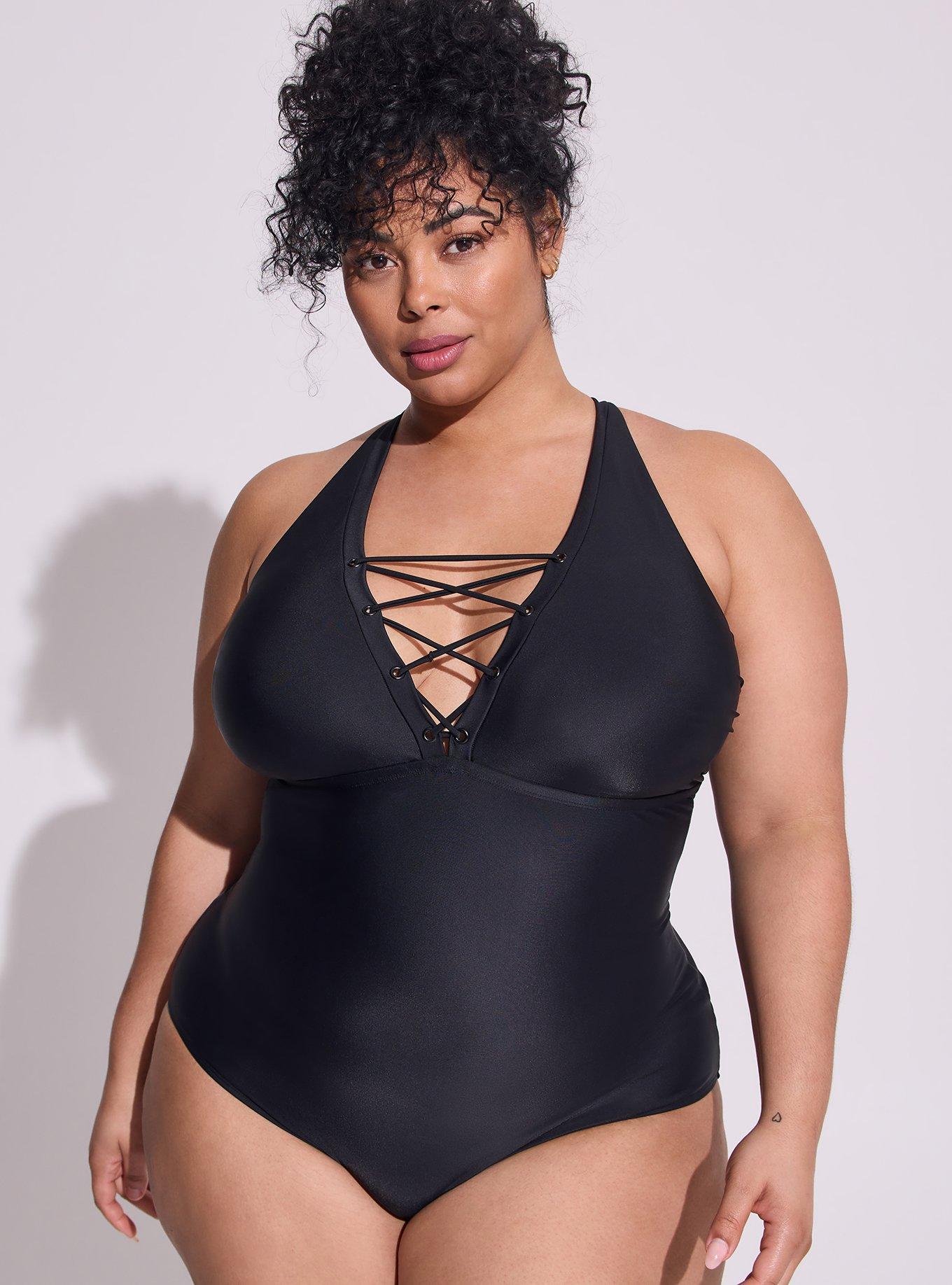 Wireless Grommet Lace Up One Piece Swimsuit, DEEP BLACK, hi-res