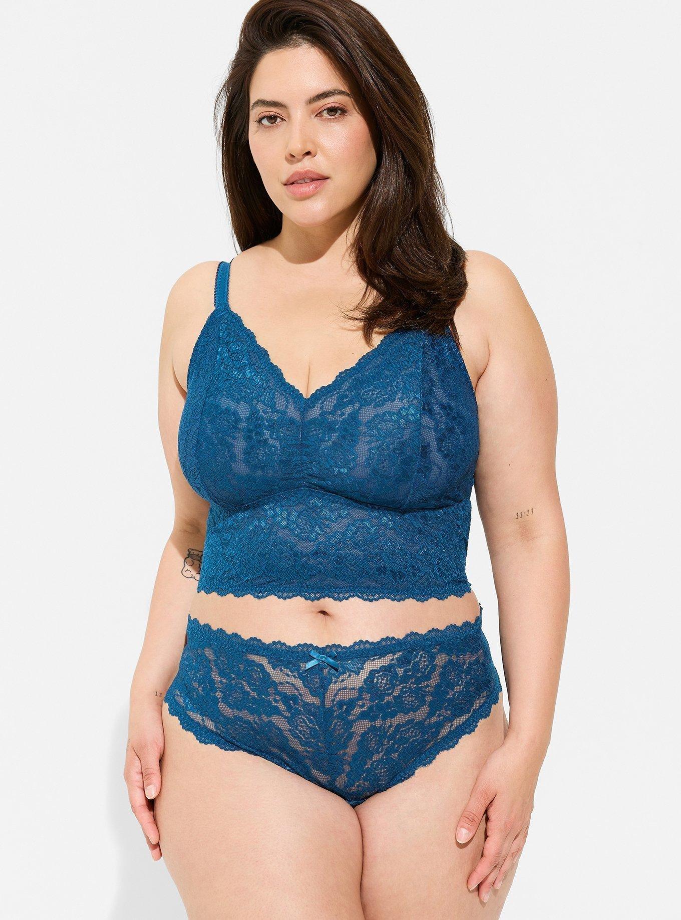 Plus Size Lace Mid Rise Thong Panty, POSEIDON, hi-res