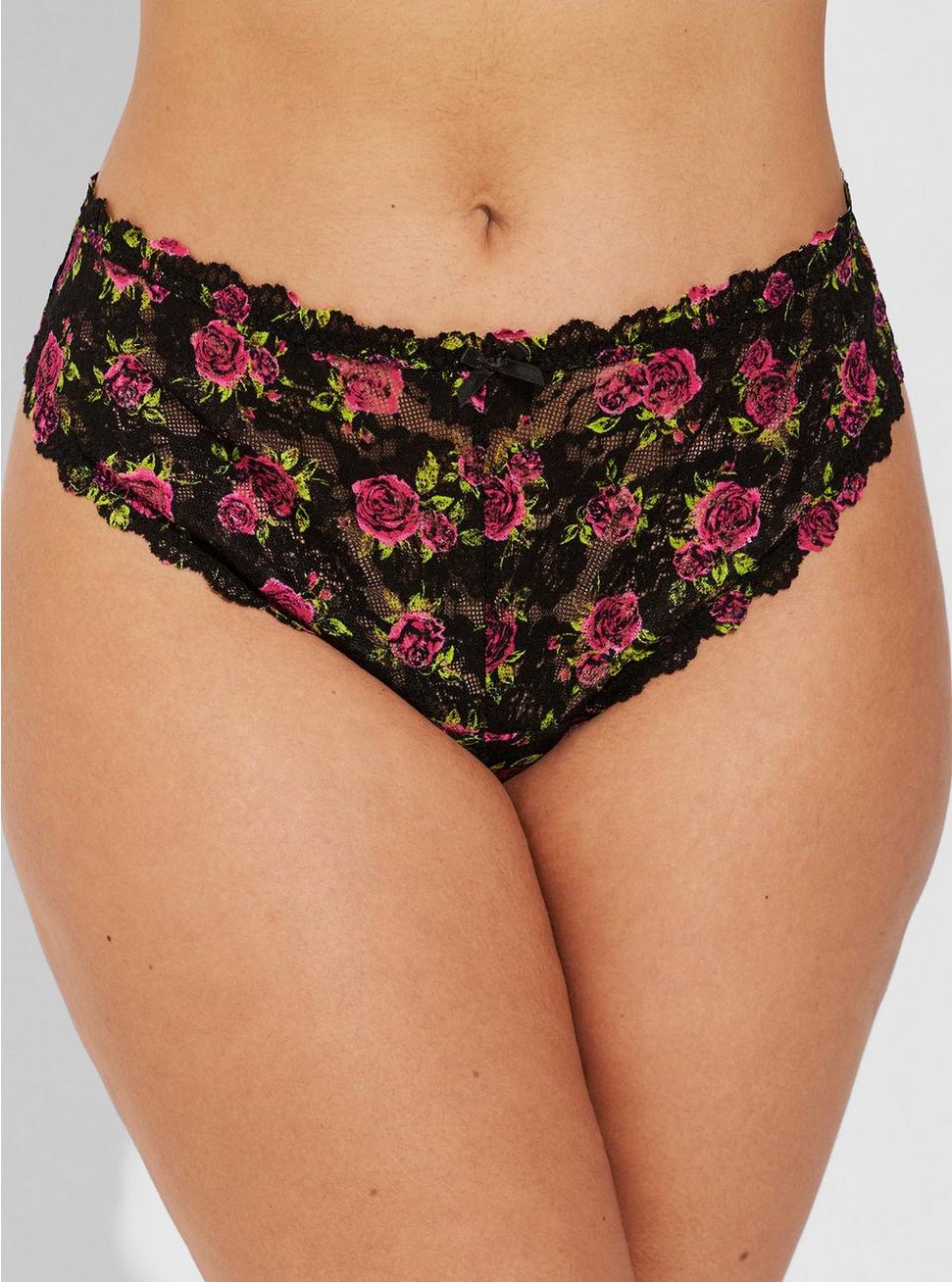 Simply Lace Mid Rise Thong Panty, BRUSHED ROSES FLORAL BLACK, alternate