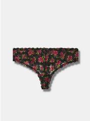 Simply Lace Mid Rise Thong Panty, BRUSHED ROSES FLORAL BLACK, hi-res