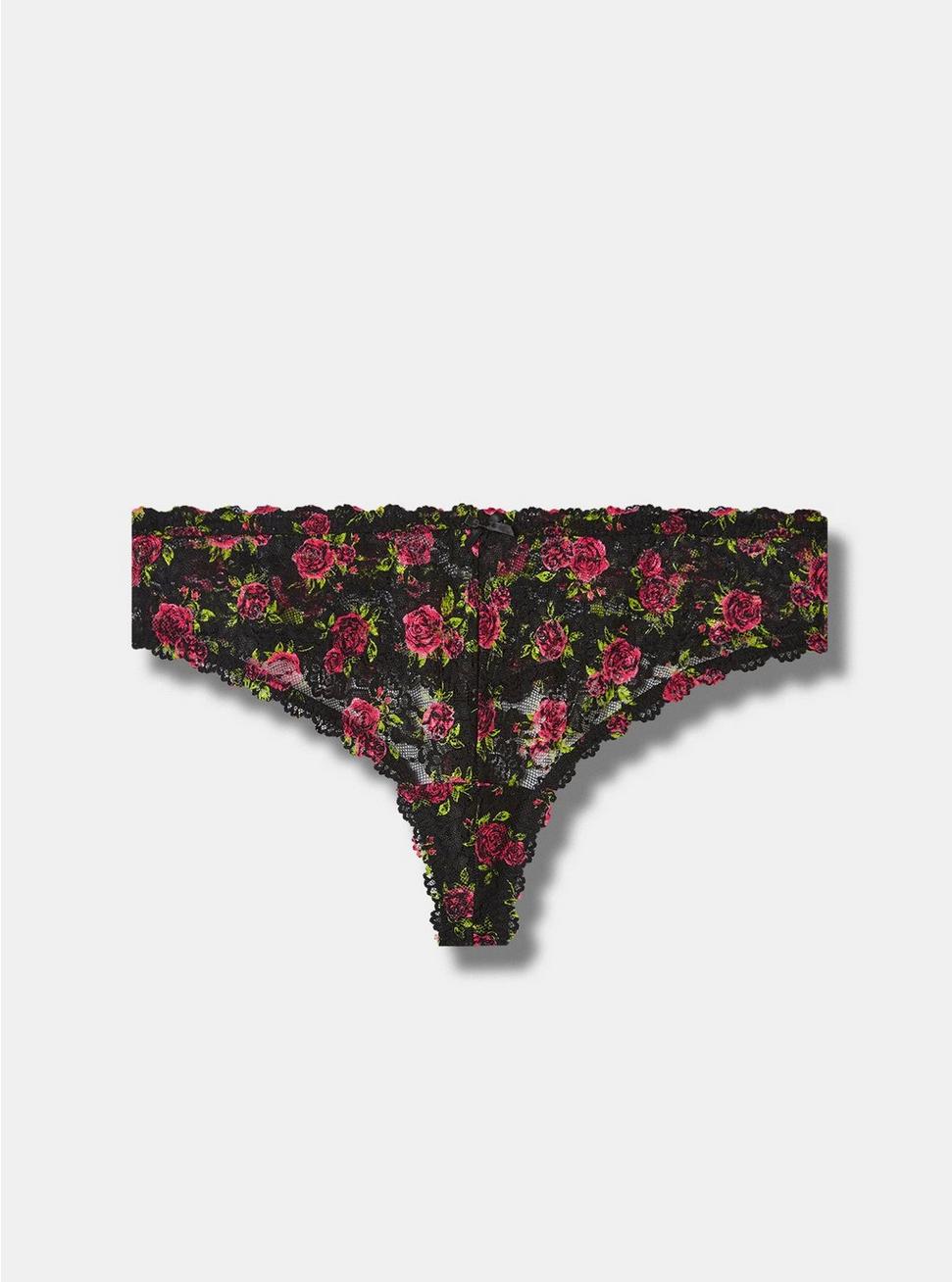 Simply Lace Mid Rise Thong Panty, BRUSHED ROSES FLORAL BLACK, hi-res
