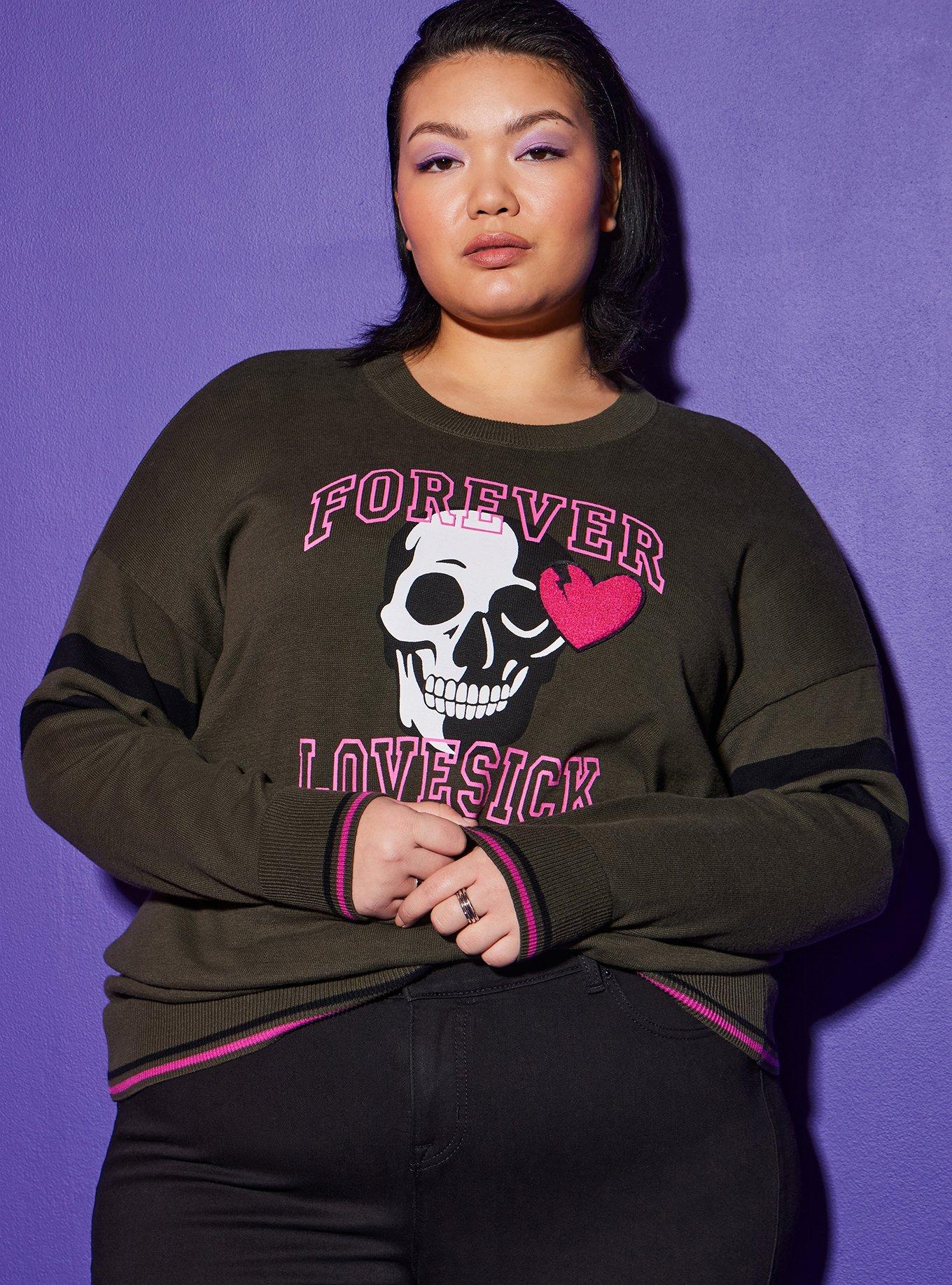 Plus Size Lovesick Crew Neck Drop Shoulder Skull Varsity Pullover Sweater, TIE DYE, alternate