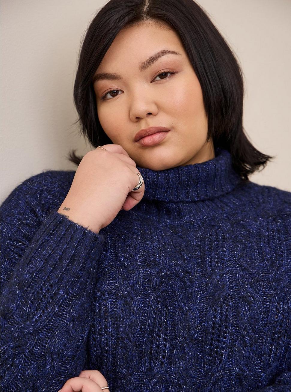 Plus Size Vegan Cashmere Pullover Turtle Neck Sweater, BLUE, alternate