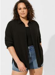 Plus Size Rayon Slub Drop Shoulder Button-Front Shirt, DEEP BLACK, hi-res