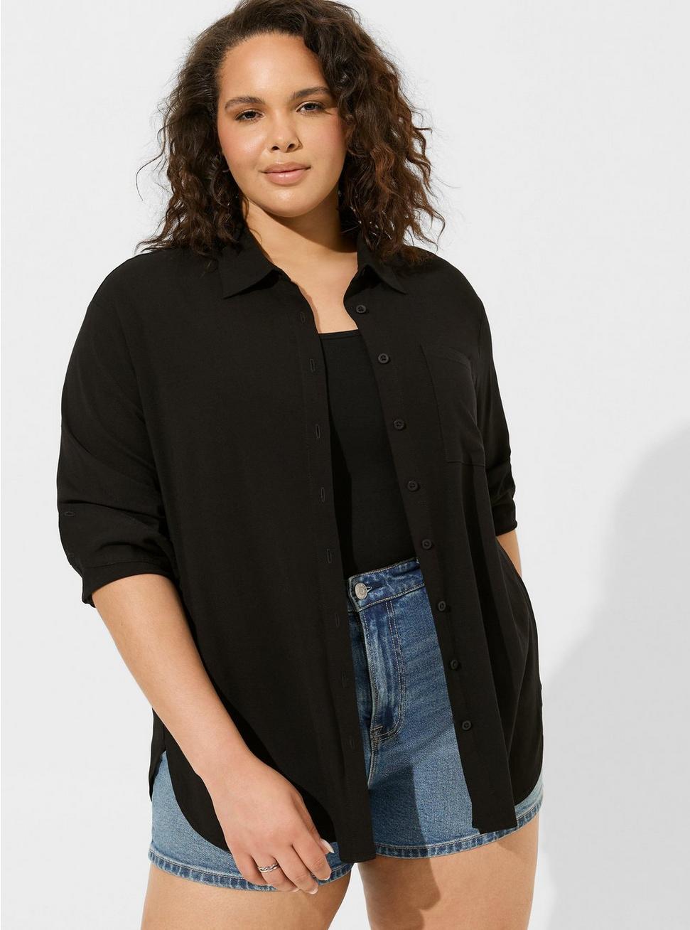 Plus Size Rayon Slub Drop Shoulder Button-Front Shirt, DEEP BLACK, hi-res