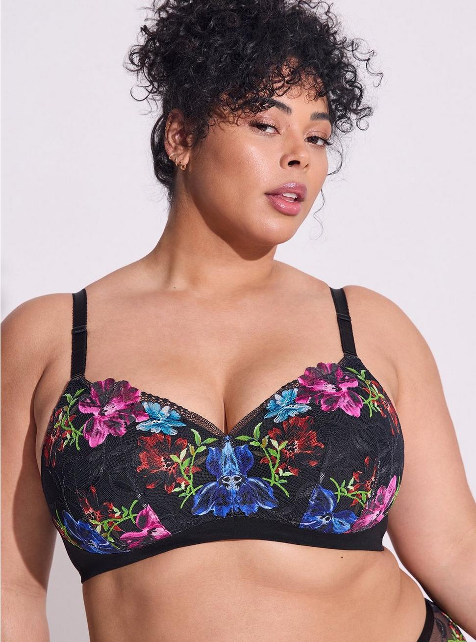 Plus Size Wire-Free Lightly Lined Photo Floral Lace 360° Back Smoothing® Bra, PHOTO FLORAL LACE: BLACK, hi-res